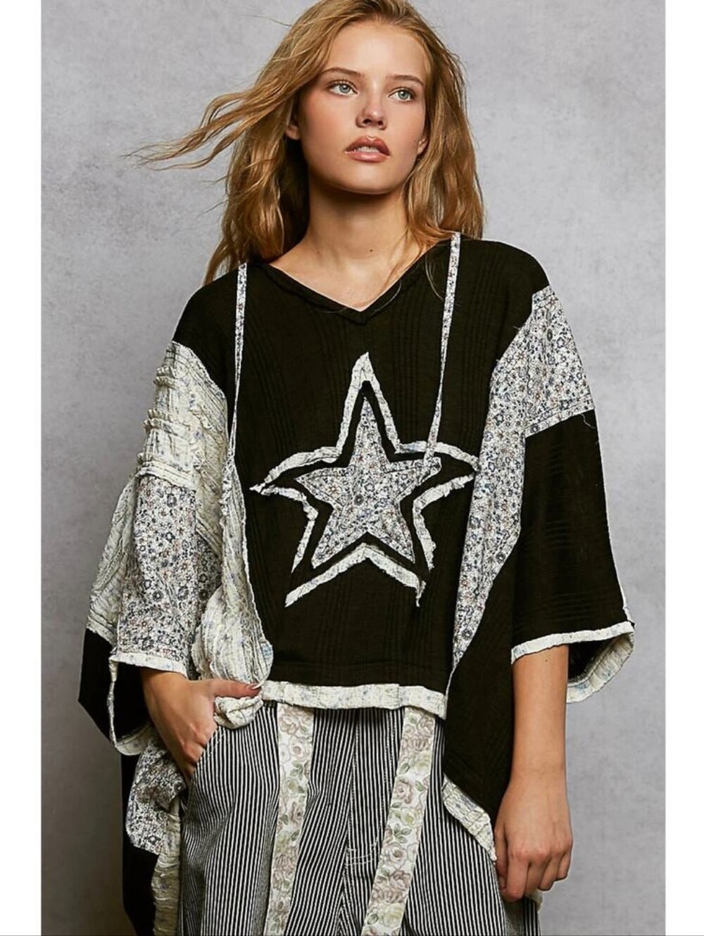 POL "Celestial Night" Applique Hoodie Tunic Top Star Panel in Black and Cream S